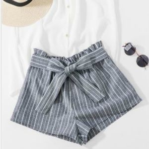 Black Striped Elastic Waist Self Tie Front Shorts